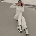 Solid Pleated Casual Trousers Set Round Neck Long Sleeve Top High Waist Wide Leg Pants Suit