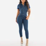 Jeans Button Tight Fit Casual Distressed Pants Jumpsuit Short Sleeves Slim-Fit Long Trousers