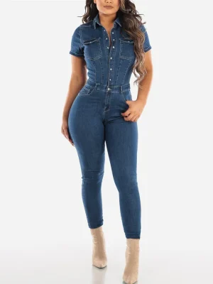 Jeans Button Tight Fit Casual Distressed Pants Jumpsuit Short Sleeves Slim-Fit Long Trousers