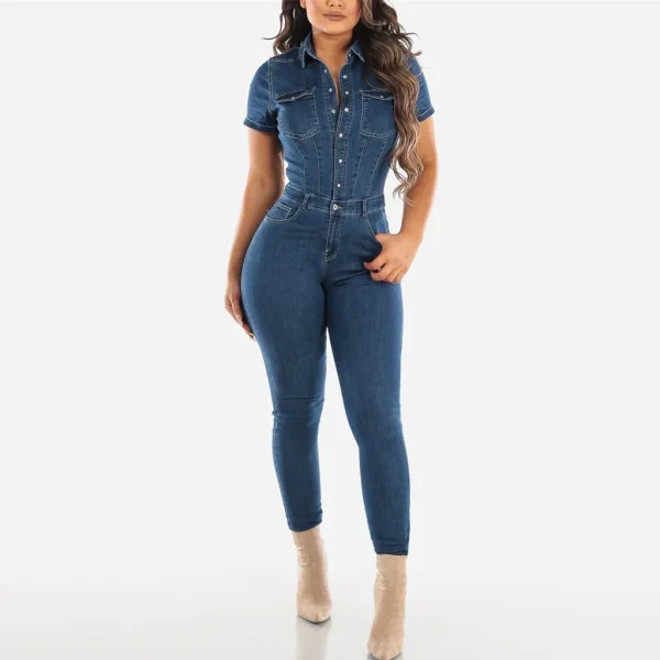 Jeans Button Tight Fit Casual Distressed Pants Jumpsuit Short Sleeves Slim-Fit Long Trousers