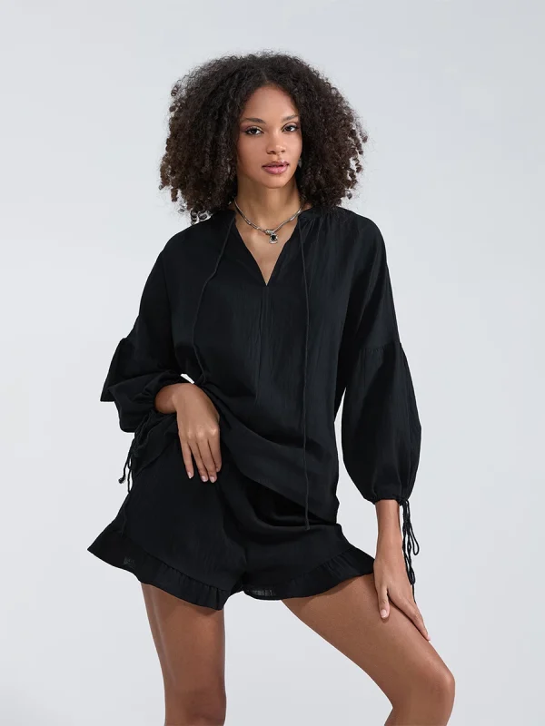 Summer Fall Short Outfit Long Sleeve TV-Neck Shirt with Shorts 2 Piece Set Casual Loose Streetwear