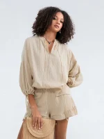 Summer Fall Short Outfit Long Sleeve TV-Neck Shirt with Shorts 2 Piece Set Casual Loose Streetwear