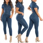 Jeans Button Tight Fit Casual Distressed Pants Jumpsuit Short Sleeves Slim-Fit Long Trousers