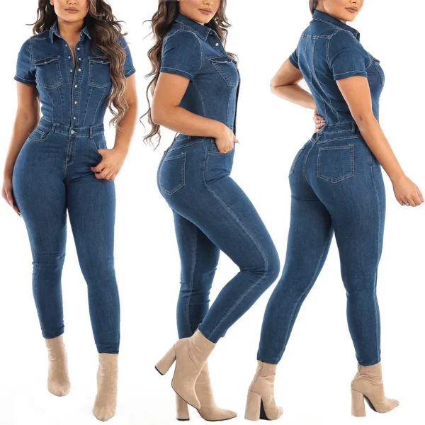 Jeans Button Tight Fit Casual Distressed Pants Jumpsuit Short Sleeves Slim-Fit Long Trousers