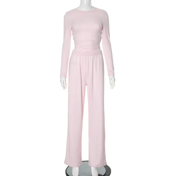 Solid Pleated Casual Trousers Set Round Neck Long Sleeve Top High Waist Wide Leg Pants Suit