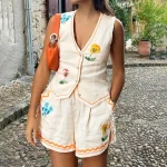 Summer Floral Embroidery 2 Piece Outfit V Neck Sleeveless Vest Top + Short Pants Suit