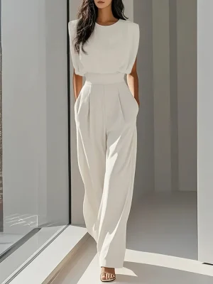 Solid Color Commute Overalls Summer Sleeveless Loose Pleated High Waist Urban Jumpsuit
