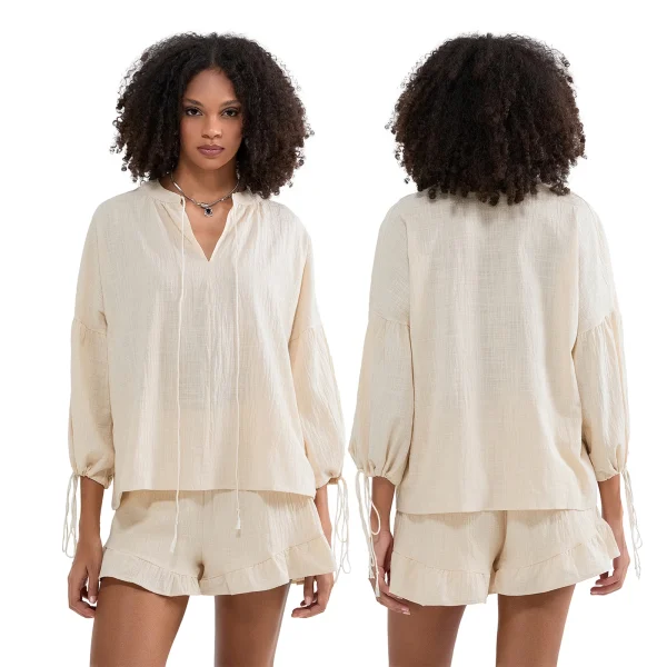 Summer Fall Short Outfit Long Sleeve TV-Neck Shirt with Shorts 2 Piece Set Casual Loose Streetwear