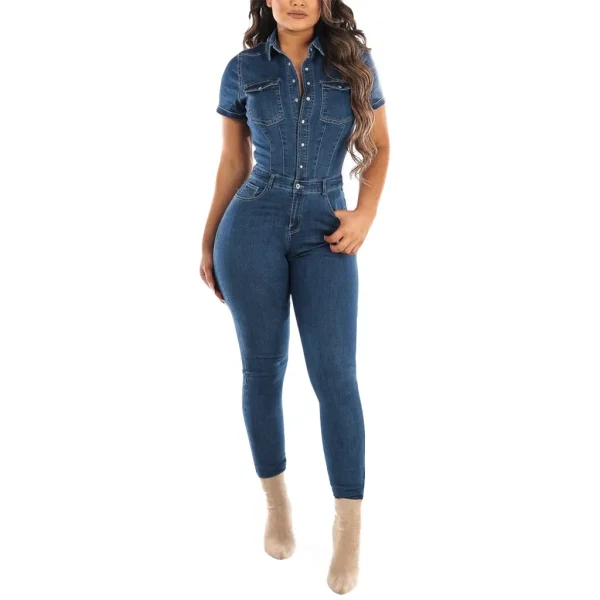 Jeans Button Tight Fit Casual Distressed Pants Jumpsuit Short Sleeves Slim-Fit Long Trousers
