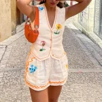 Summer Floral Embroidery 2 Piece Outfit V Neck Sleeveless Vest Top + Short Pants Suit