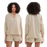 Summer Fall Short Outfit Long Sleeve TV-Neck Shirt with Shorts 2 Piece Set Casual Loose Streetwear