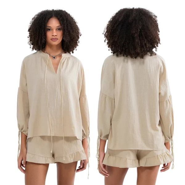 Summer Fall Short Outfit Long Sleeve TV-Neck Shirt with Shorts 2 Piece Set Casual Loose Streetwear