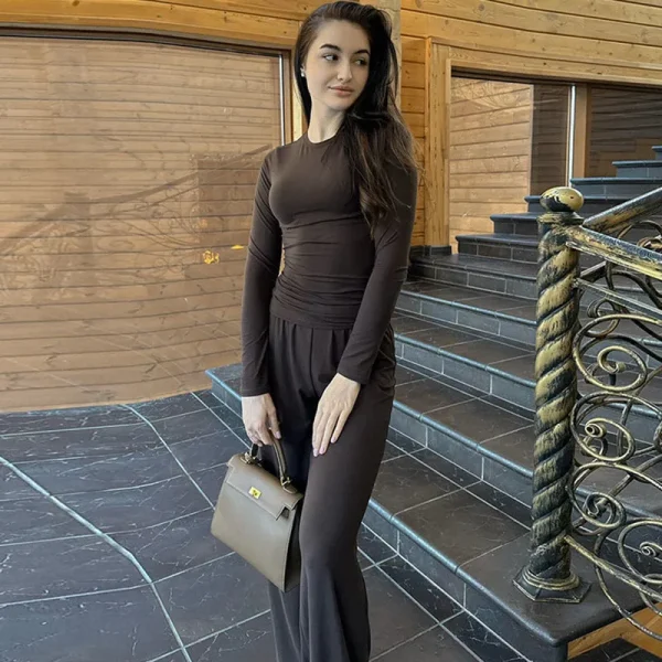 Solid Pleated Casual Trousers Set Round Neck Long Sleeve Top High Waist Wide Leg Pants Suit