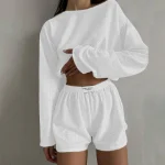 Summer Casual 2 Piece Outfit Long Sleeve Tops And Shorts Swim Short Suits