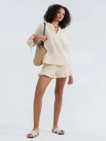 Summer Fall Short Outfit Long Sleeve TV-Neck Shirt with Shorts 2 Piece Set Casual Loose Streetwear