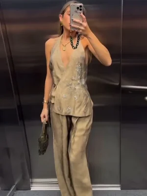 Women's Beaded Vest and Pants Set