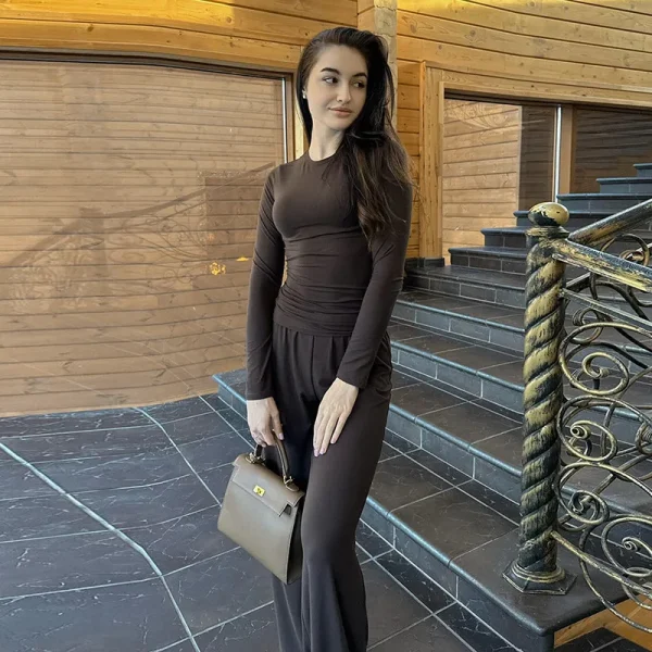 Solid Pleated Casual Trousers Set Round Neck Long Sleeve Top High Waist Wide Leg Pants Suit