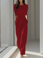 Solid Color Commute Overalls Summer Sleeveless Loose Pleated High Waist Urban Jumpsuit