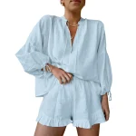 Summer Fall Short Outfit Long Sleeve TV-Neck Shirt with Shorts 2 Piece Set Casual Loose Streetwear