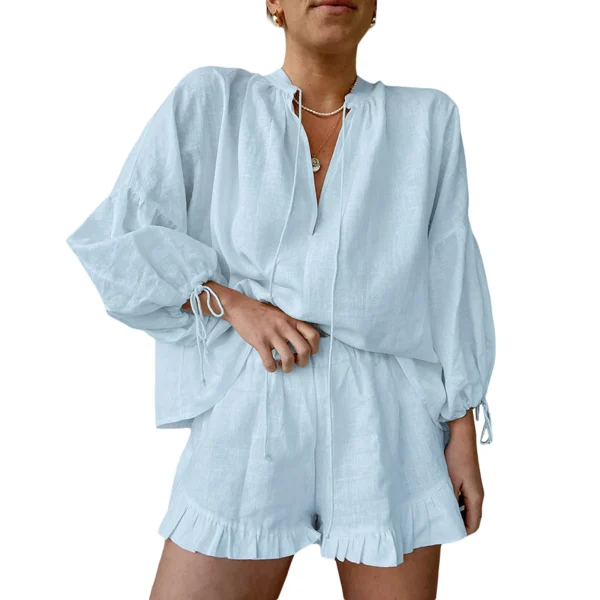 Summer Fall Short Outfit Long Sleeve TV-Neck Shirt with Shorts 2 Piece Set Casual Loose Streetwear