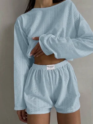 Summer Casual 2 Piece Outfit Long Sleeve Tops And Shorts Swim Short Suits