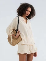 Summer Fall Short Outfit Long Sleeve TV-Neck Shirt with Shorts 2 Piece Set Casual Loose Streetwear