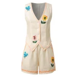 Summer Floral Embroidery 2 Piece Outfit V Neck Sleeveless Vest Top + Short Pants Suit