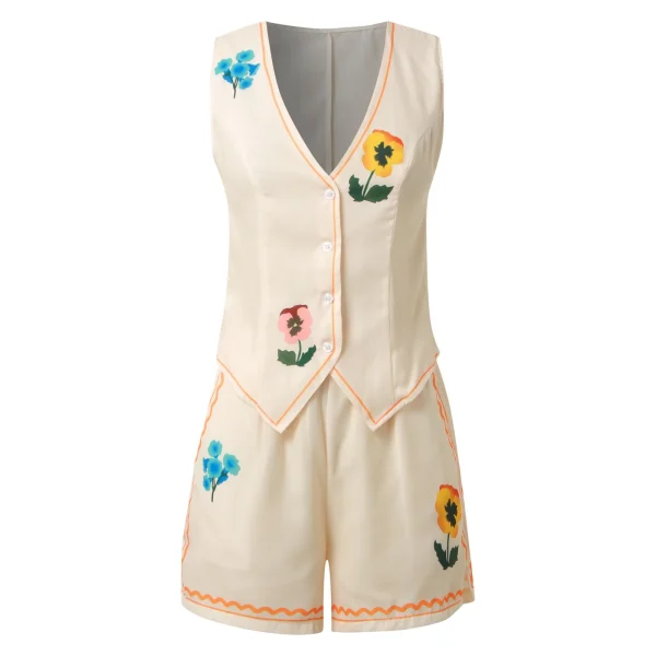 Summer Floral Embroidery 2 Piece Outfit V Neck Sleeveless Vest Top + Short Pants Suit