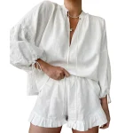 Summer Fall Short Outfit Long Sleeve TV-Neck Shirt with Shorts 2 Piece Set Casual Loose Streetwear