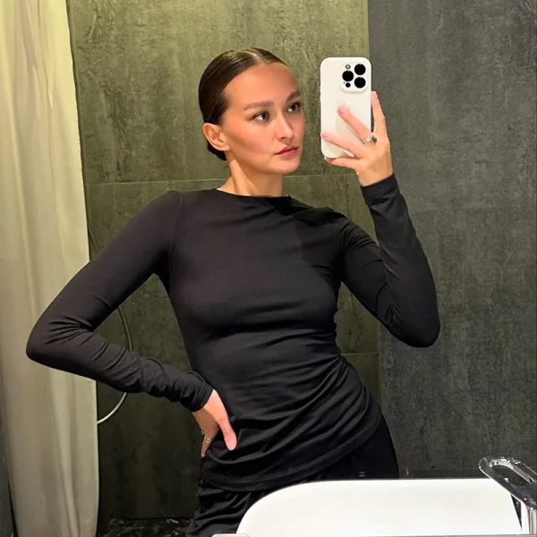Solid Pleated Casual Trousers Set Round Neck Long Sleeve Top High Waist Wide Leg Pants Suit