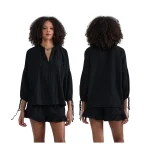 Summer Fall Short Outfit Long Sleeve TV-Neck Shirt with Shorts 2 Piece Set Casual Loose Streetwear