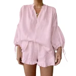 Summer Fall Short Outfit Long Sleeve TV-Neck Shirt with Shorts 2 Piece Set Casual Loose Streetwear