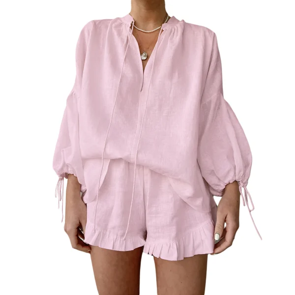 Summer Fall Short Outfit Long Sleeve TV-Neck Shirt with Shorts 2 Piece Set Casual Loose Streetwear