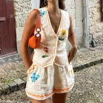Summer Floral Embroidery 2 Piece Outfit V Neck Sleeveless Vest Top + Short Pants Suit