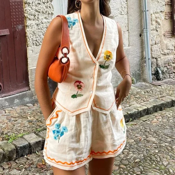 Summer Floral Embroidery 2 Piece Outfit V Neck Sleeveless Vest Top + Short Pants Suit