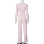 Solid Pleated Casual Trousers Set Round Neck Long Sleeve Top High Waist Wide Leg Pants Suit