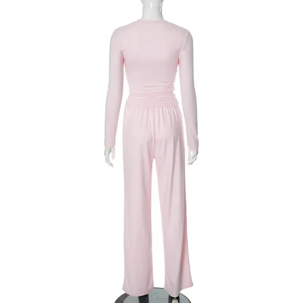 Solid Pleated Casual Trousers Set Round Neck Long Sleeve Top High Waist Wide Leg Pants Suit