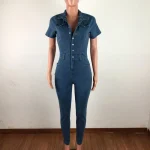 Jeans Button Tight Fit Casual Distressed Pants Jumpsuit Short Sleeves Slim-Fit Long Trousers