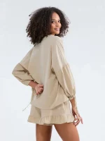 Summer Fall Short Outfit Long Sleeve TV-Neck Shirt with Shorts 2 Piece Set Casual Loose Streetwear