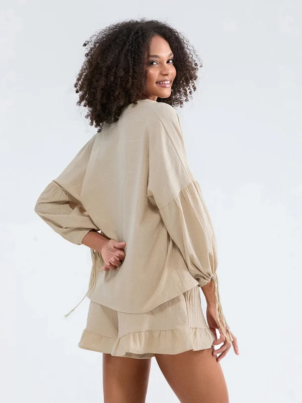 Summer Fall Short Outfit Long Sleeve TV-Neck Shirt with Shorts 2 Piece Set Casual Loose Streetwear