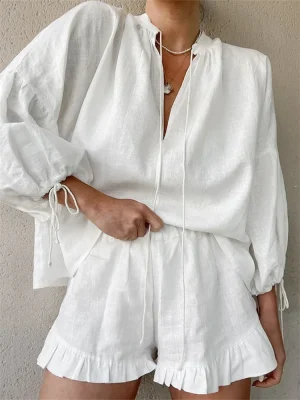 Summer Fall Short Outfit Long Sleeve TV-Neck Shirt with Shorts 2 Piece Set Casual Loose Streetwear