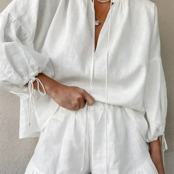 Summer Fall Short Outfit Long Sleeve TV-Neck Shirt with Shorts 2 Piece Set Casual Loose Streetwear