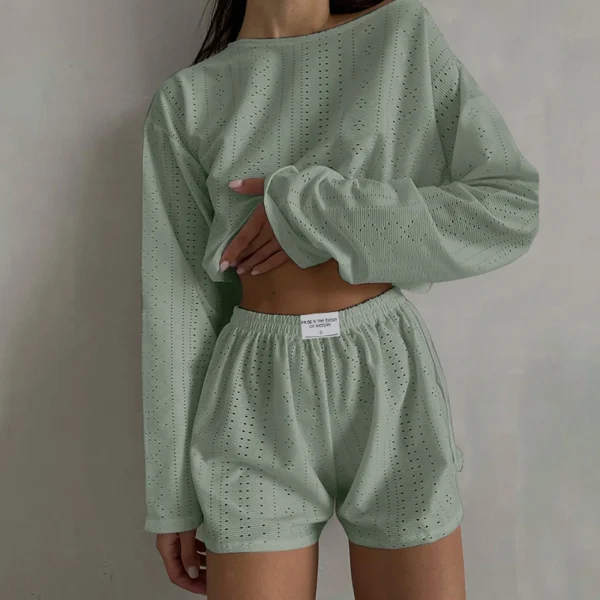 Summer Casual 2 Piece Outfit Long Sleeve Tops And Shorts Swim Short Suits
